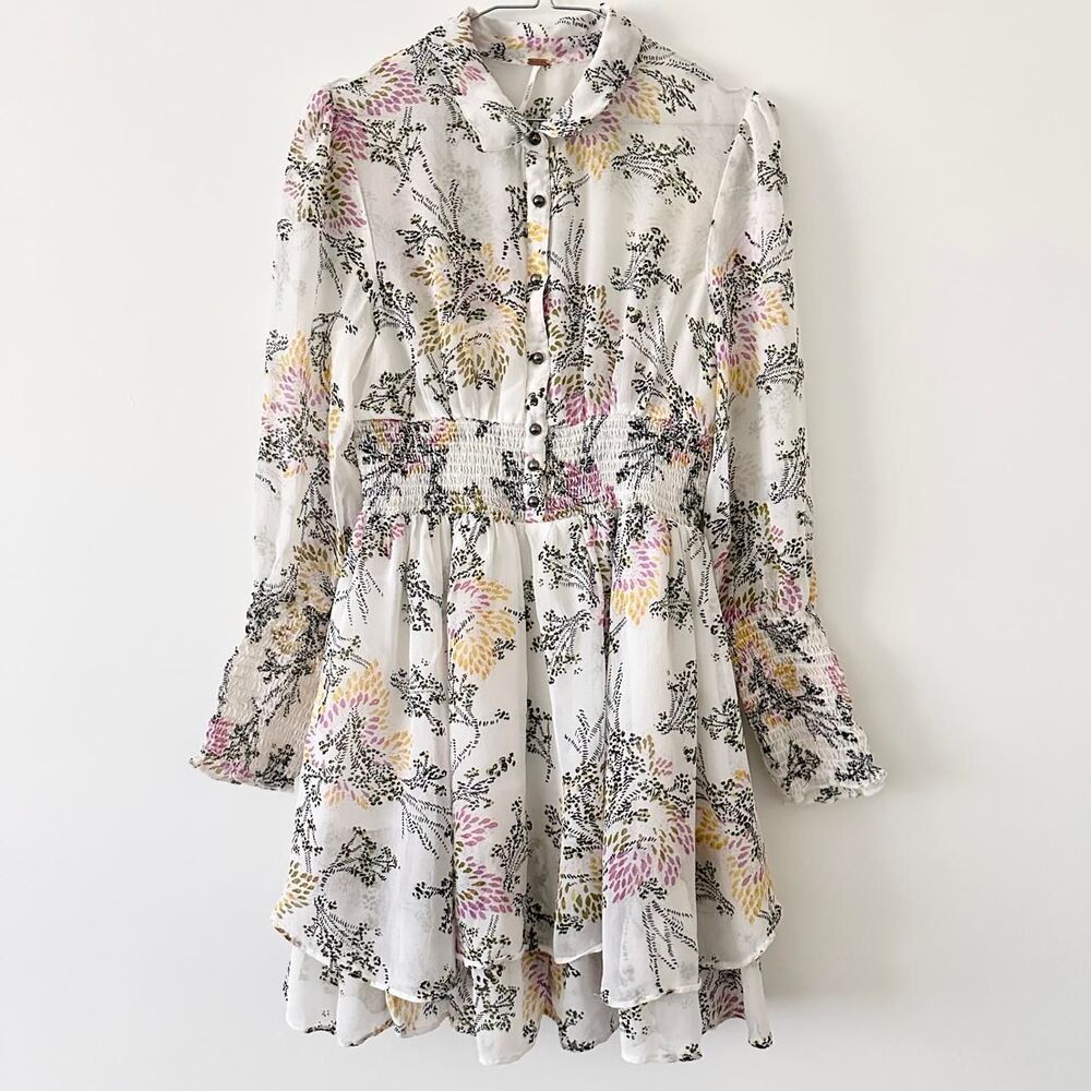 Free People romantic floral long sleeve button-front tiered smocked mini dress